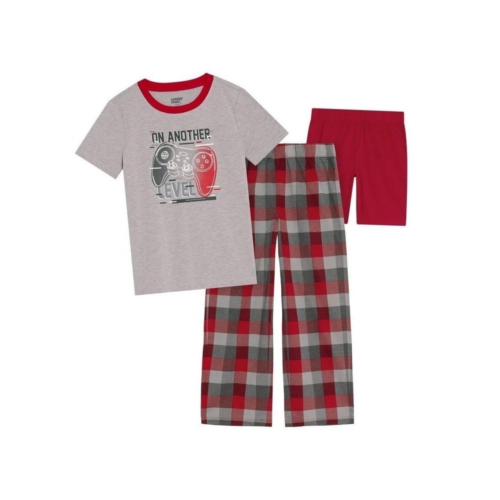Lands End Pajama Set Boys XS 5-6 Red Grey New 3pc Video Game Plaid Pants Shorts